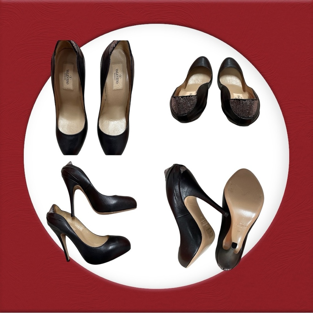VALENTINO GARAVANI Black Leather Crystal Diamanté Stiletto Pumps Heels EU 37